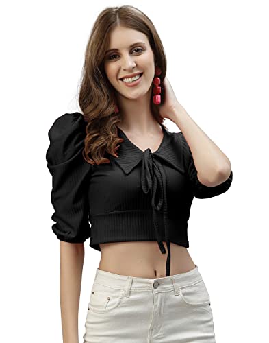 Image of Mehrang Women's Solid Ribbed Crop Tank Top Ribbed Tops for Women V-Neck 3 /4th Balloon Sleeves