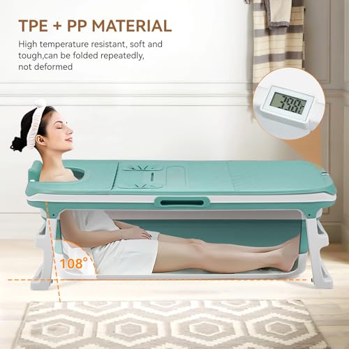 Warmiehomy Portable Bathtub Adult,135x54x61CM Folding Bathtub with Lid,Thicken Barrel Insulated Bathtub with Soap Basket,Neck Pillow,Massage Rollers,Thermometer Display,Deal for Small Spaces,Blue