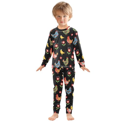 Pajama Sets Long Sleeve Colorful Chickens and Flowers Soft Comfy Sleepwear 2 Piece PJS 3-8T2