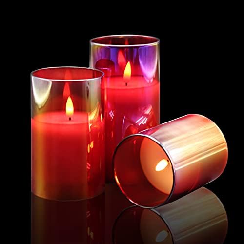 Eywamage Red Glass Flameless LED Candles with Remote, Flickering Battery Operated Christmas Candles Set of 3 D 3" H 4" 5" 6"
