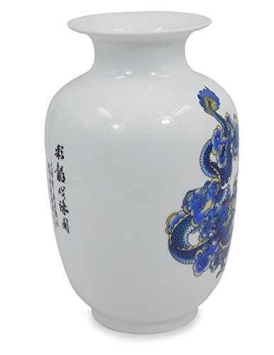 Dahlia Blue And White Vase, Handmade Chinese Porcelain Flower Vase, Dragon Motif, Melon Shape 8.5 Inches #TOP3