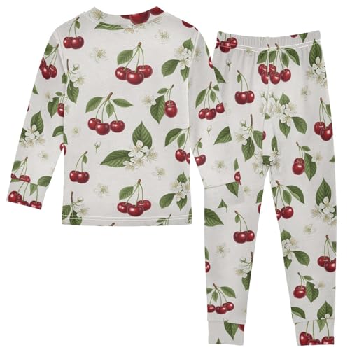 Pajama Sets Long Sleeve Cherry White Flowers Pattern Soft Comfy Sleepwear 2 Piece PJS 3-8T3
