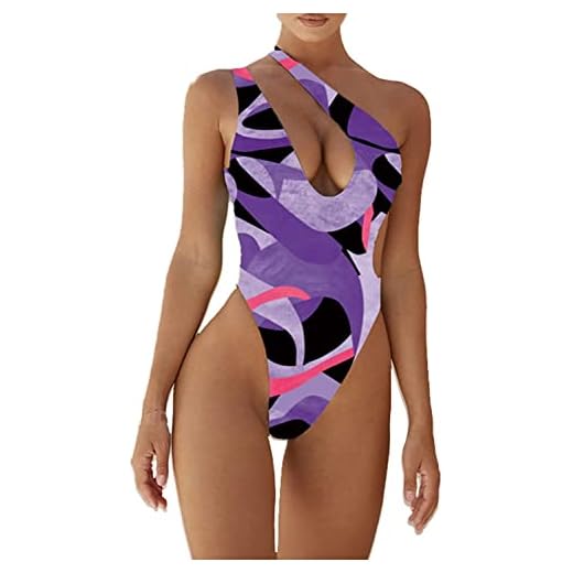 Dam baddräkt sexig utskärning en axel högt skuren bikini baddräkt vintage tryck badkläder, Lila, 44 SE