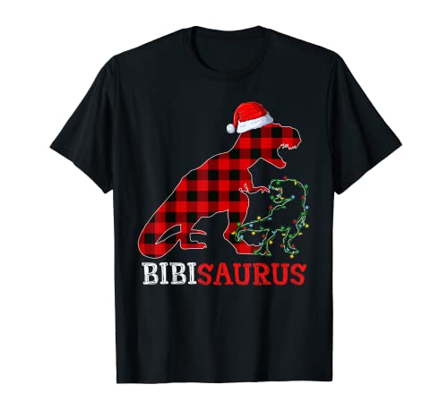 Sombrero de Papá Noel con diseño de dinosaurio y niño de cuadros rojos Camiseta