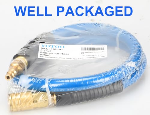 YOTOO Rubber Lead-in Air Hose 3/8-Inch by 3-Feet 300 PSI Heavy Duty, Kink Resistant, All-Weather Flexibility with 1/4-Inch Brass Male Fittings, Bend Restrictors, Blue