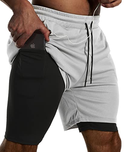 JWJ Mens 2 in 1 Running Shorts Quick Dry Gym Athletic Workout Clothes with Side Pockets