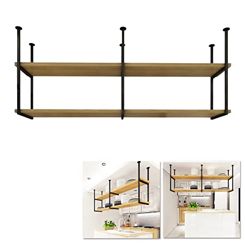 Image of Hanging Ceiling Shelf for Kitchen & Bar - Rustic Wood Floating Rack Iron & Solid Wood Decor Shelf Ideal Plant Pot Stand & Wine Holder for Flower Shops