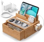 Pezin & Hulin Bamboo Charging Station with Lined Tray & Drawer, Desktop Dock Organizer USB Wall Charger, Compatible with Tablet, Cell Phone, Earbuds, Smartwatch, and More