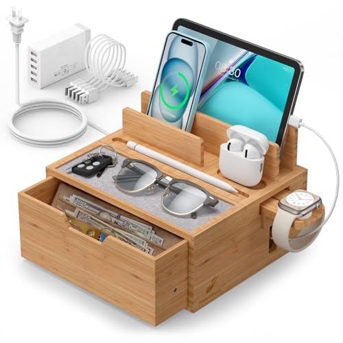 Multi-Device Charging Station Dock & Organizer, with Power Supply (5 Ports HUB), and Cables, Bedside Docking Station with Drawer Compartment -Natural Bamboo