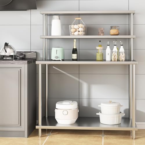 Stainless Steel Work Table with Overshelves, 48 x 24 Inch Heavy Duty Kitchen Prep Table with Adjustable Shelf for Commercial Restaurant, Warehouse, Garage