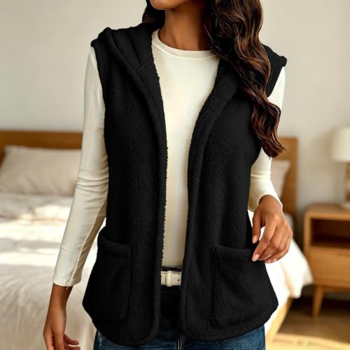 Womens Fuzzy Fleece Vest Hooded Open Front Patch Pockets Casual Fall Layer - image 2
