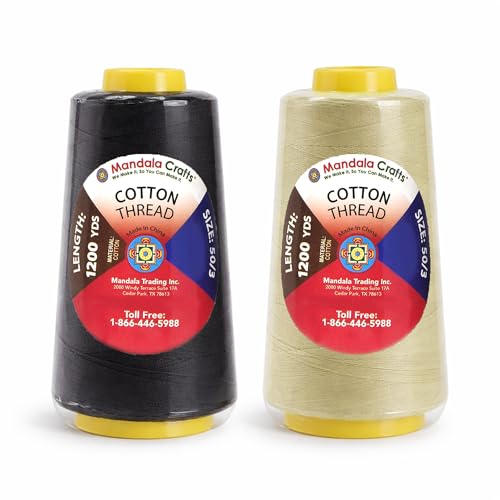 Image of Mandala Crafts Black Beige Mercerized Cotton Thread Cones, Sewing Quilting | 4800 Yds 50 WT, 100% Long Staple Cotton, Multipurpose, for Embroidery, Piecing, Sergers, Applique, Machine and Hand Sewing