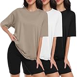 HOPLYNN 3 Pack Womens Oversized T Shirts Loose Fit Crew Neck Summer Short Sleeve Plus Size Tops 2026 Fashion Workout Tees 1 Black 1 Khaki 1 White XX-Large