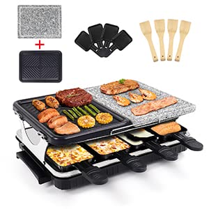 yoptote Indoor Grill Korean BBQ Grill Smokeless Raclette Table Grill Party Barbecue 2 in 1 Electric Grill 8 Non-Stick Cheese Grill Pans