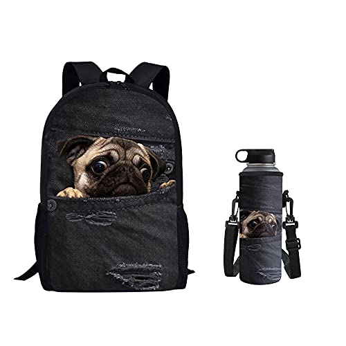 Image of Belidome Pug Dog Kids School Backpack with Adjustable Strap Shoulder Bag with Bottle Holder Cover for Boys Girls