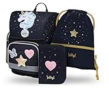 Baagl Schulranzen Mädchen Set 3 Teilig, Ergo Schultasche für 1. Klasse, Ergonomische Grundschule Ranzen Tornister mit Brustgurt (Unicorn Gold)