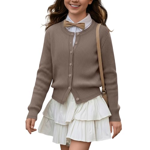 LessonZoo Girls' Uniforms Cardigan Long Sleeve Ribbed Knit Crew Neck Shirt Button Down School Kids Student Outerwear Top(Khaki,7-8 Years)