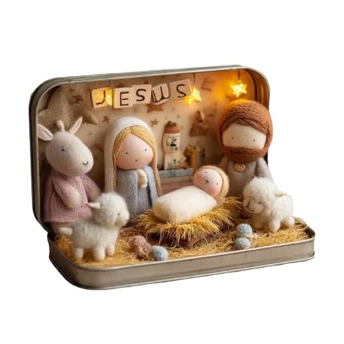 Mini belén navideño en caja de lata con luz, escena del nacimiento hecha a mano en fieltro, figuras en miniatura de la Sagrada Familia y el Niño Jesús, ornamento religioso para regalar en Navidad