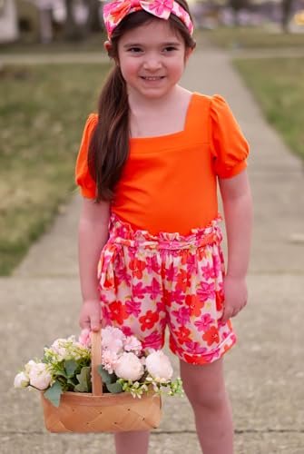 Image of Arshiner Toddler Girls 3 Piece Outfit Set Puff Sleeve Square Neck Top with Shorts and Matching Headband Summer Clothes 2T-8Y