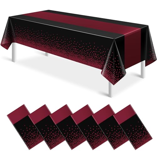 Image of MASHAN 6Pcs Black Maroon Tablecloths, Rectangular Plastic Table Covers, 54x108 Inch, Polka Dot, Stain Resistant, Party Decorations