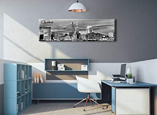 Image of Cleveland Skyline Decor Wall Art,Black and White Canvas Prints 13.8 inchx47.3 inch | Night View USA Cityscape Panoramic Painting for Bedroom Office Framed and Ready to Hang