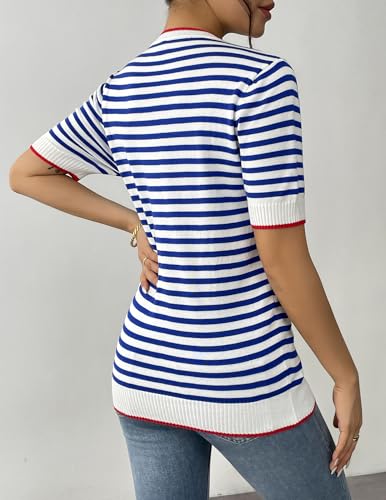 Image of Zeagoo Womens Summer Tops Casual Short Sleeve Striped Sweater Shirt Crewneck Color Block Knit Blouses