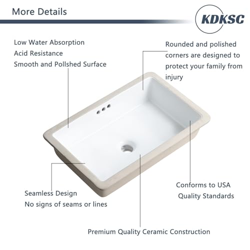 KDKSC 22 Inch Undermount Bathroom Sink Rectangular Undermount Sink White Ceramic Under Counter Bathroom Sinks with Flat Overflow Type (21.8"x 14") by KDKSC - Image 8