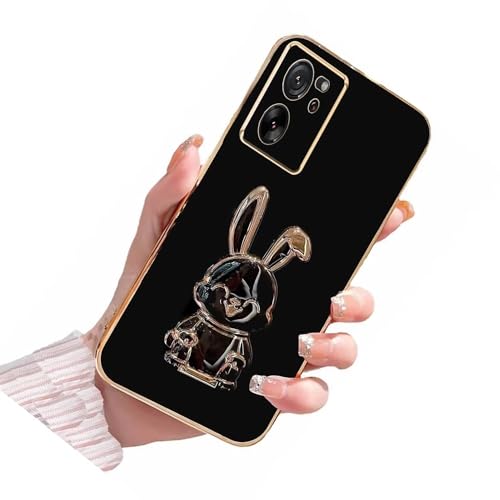 Nadoli pour Xiaomi 13T Lapin Invisible Béquille Coque,Ultra Mince Placage Télescopique Bunny Pliant Supporter Antichocs Silicone Flexible Coque Housse Étui de Potection