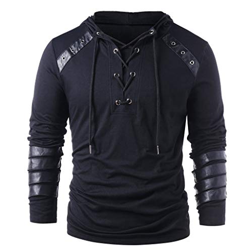 Writtian Hoodie Herren Kapuzen Sweatshirt Langarm Mantel Mit Einfarbig Schlank V-Ausschnitt Lace Up Kapuzenjacke Retro Leder Patchwork Hoodie Fitness Outdoor Casual Jumper Tops Frühling Herbst Cover