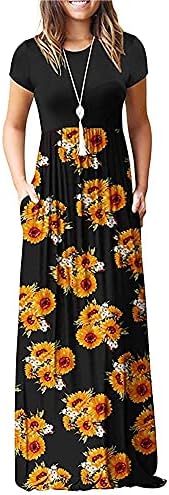 AUSELILY Women Short Sleeve Loose Print Floral Pleated Casual Long Maxi Dresses with Pockets (XL, Sunflowers)
