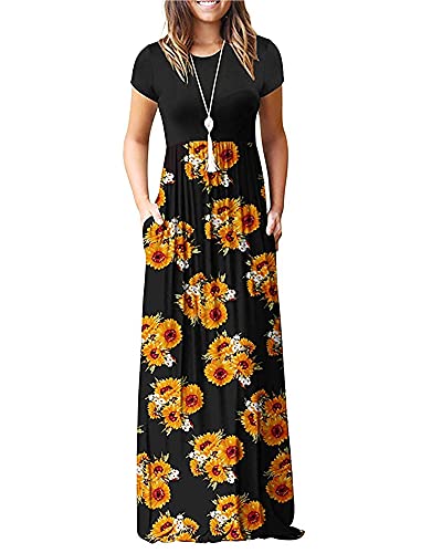 Auselily Women Short Sleeve Loose Print Floral Pleated Casual Long Maxi Dresses With Pockets (Xl, Sunflowers) #TOP8