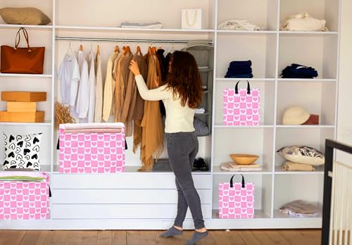 Image of Pink Valentine Gift Love Storage Basket Clothes Laundry Storage Box Shelf Bins, Gift Basket Laundry Hamper with Handles