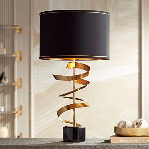 Possini Euro Design Twist Modern Table Lamp 31" Tall Sculptural Brass Gold Metal Marble Black Drum Shade with Gold Liner Decor Bedroom Living Room Nightstand Bedside Night Stand Office Kids Room