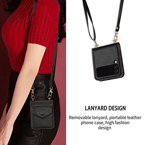 Ephoou Crossbody Wallet Phone Case For Samsung Galaxy Z Flip 3 5G, Removable Long Lanyard Leather Case With Card Holder Cover For Samsung Galaxy Z Flip3 Black #TOP1