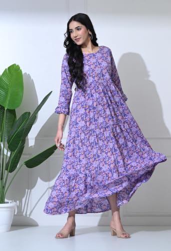 Image of Amazon Brand - Tavasya Women Botanical Floral Printed Maternity Midi Dress | Round Neck | 3 /4 Ruffle Sleeves | Concealed Feeding Zip | Gathered Tiered Nursing Dress
