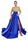 Jorshiman Gold Royal Blue Sexy Sparkly Sequin Prom Dresses Long A Line Evening Ball Gown for Women Formal Dress with High Slit