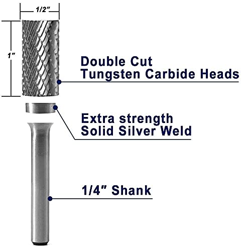 Yufutol Sa-5 Tungsten Carbide Burr Cylinder Shape Double Cut Rotary Burr File(1/2” Cutter Dia X 1”Cutter Length) With 1/4'' Shank Dia,Pack Of 1 #TOP1