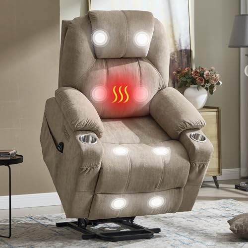 PELUMY Power Lift Recliner Chair for Elderly, Heavy Duty 350 lbs, Massage & Heat, Dual USB Ports & Cup Holders, Electric Recliner, Chenille Fabric (Chenille Khaki)
