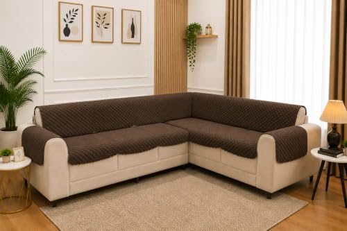 Image of 7 Seater L-Shape Sofa Cover with Arm Covers, Quilted Texture, Sectional Couch Protector for Living Room-Pack of 15 (Brown)
