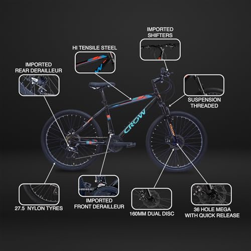 Image of CROW - Globetrotter 21 Speed Gear Cycle | 27.5 inch T Cycle for Boys 12 to 15 Years | Bicycle for Men Adult | Mountain Bike with Front Suspension & Dual Disc Brakes| Unisex MTB Cycle for Men |