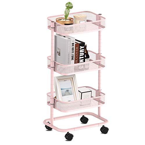 alvorog Carrito Cocina Metálico, Carro de Almacenamiento con 3 Cesta, Altura Ajustable, Ensamblaje sin Tornillos, Carrito Auxilair con Ruedas, Coina, Baño y Estudio de Arte - Rosa