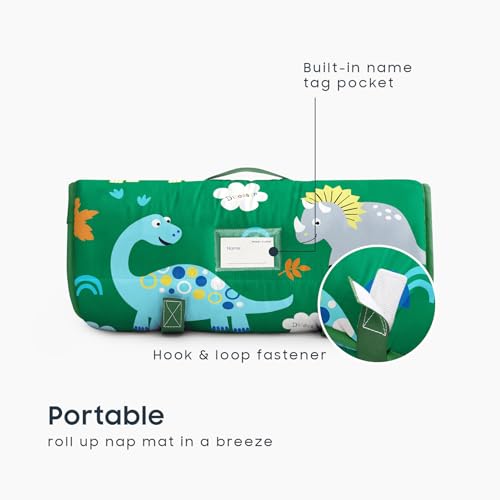 Image of Wake In Cloud - Toddler Nap Mat with Pillow and Blanket, 100% Cotton Fabric, for Kids Boys Ages 3 Plus in Daycare Kindergarten Preschool, Roll Up Sleeping Bag, Cute Dinosaurs