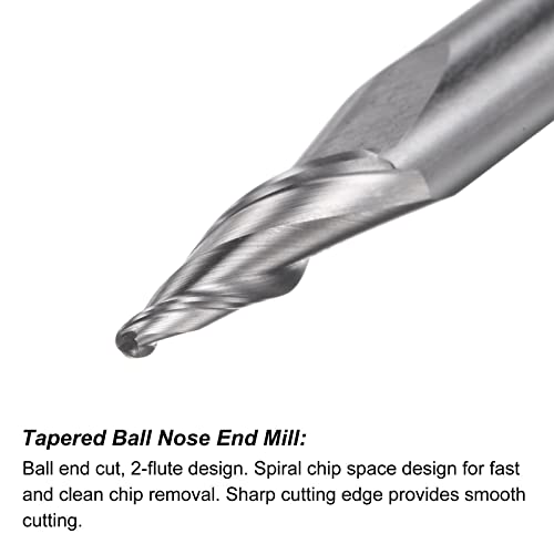 Image of uxcell Tapered Ball Nose End Mill, Uncoated Solid Carbide 2 Flute Spiral Milling Cutter, 0.75mm Radius, 1.5mm Diameter, 6mm Shank, 45mm Length, 20 Degree Angle