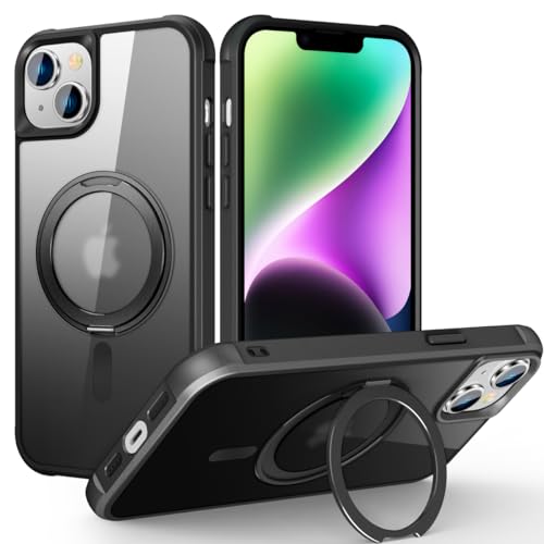 Image of Compatible with iPhone 14 Plus Case with Stand 6.7 inch,Black | Matte Translucent Phone Case for iPhone 14 Plus,360 Magnetic Ring Stand,Compatible Mag-Safe,Military Grade Protection