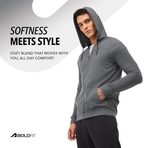 Image of Boldfit Sweatshirt for Man Zipper Hoodies Jackets for Men Stylish Hoodies Man Winter Wear Pullover Casual Sweat Shirt Travel Office Outdoor Cotton Blend with Pockets Full Zipper - Black