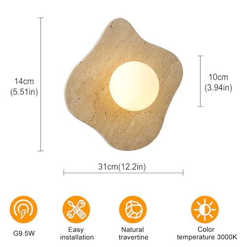Image of Round Alabaster Wall Sconce, Modern Bathroom Light Fixture with Natural Marble Shade for Bedroom, Hallway, Stairs (Hardwired)