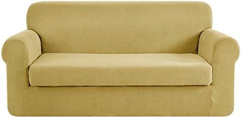 CHUN YI 2 Piece Jacquard Sofa Covers Stretch Fabric Settee cover Furniture Protector for Loveseat, 2 Seater Sofa Slipcover with Elastic Bottom, Checks Durable Spandex Fabric (Loveseat, Grey)