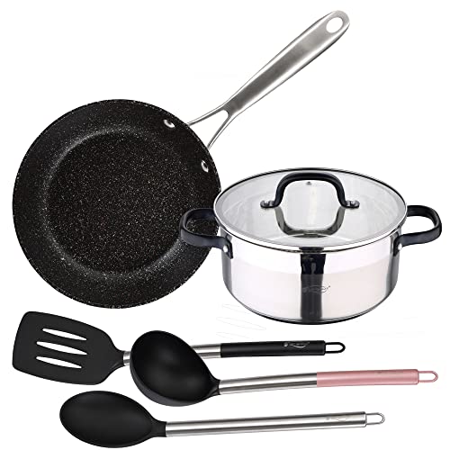 Set Cacerola 24x10.5 cm con tapa, acero inoxidable+Sarten 28x6 aluminio forjado apta para inducción+ 3 utensilios en nylon SAN IGNACIO VITA