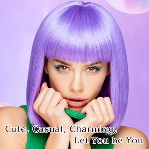 Image of PLULON Light Purple Bob Wig with Bangs, Short Straight Bob Wig with Heart Sunglasses 12 Inch Shoulder Length Heat Resistant Synthetic Hair Cap for Women Natural Look Daily Use Cosplay Costume Party