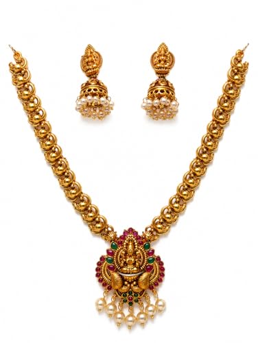 South Indian Temple Jewellery Long Necklace Set with Jhumka Earrings, Antique Matte Gold Finish, Goddess Lakshmi Pendant